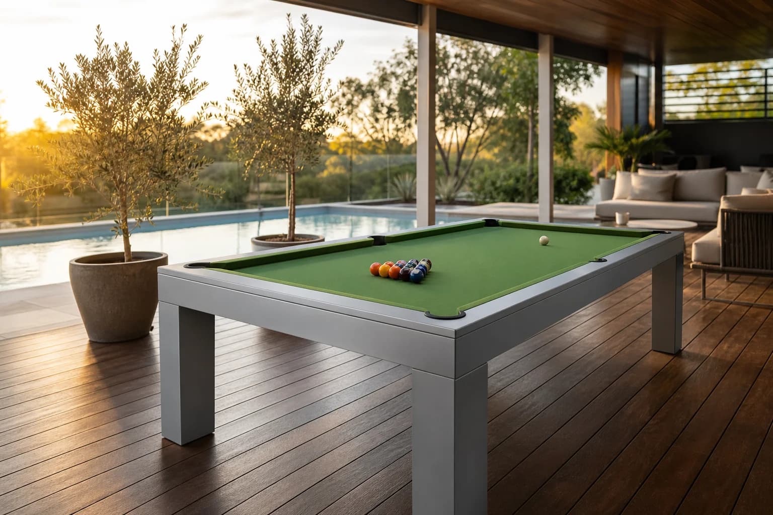 An outdoor aluminium slate pool table on an Australian alfresco patio